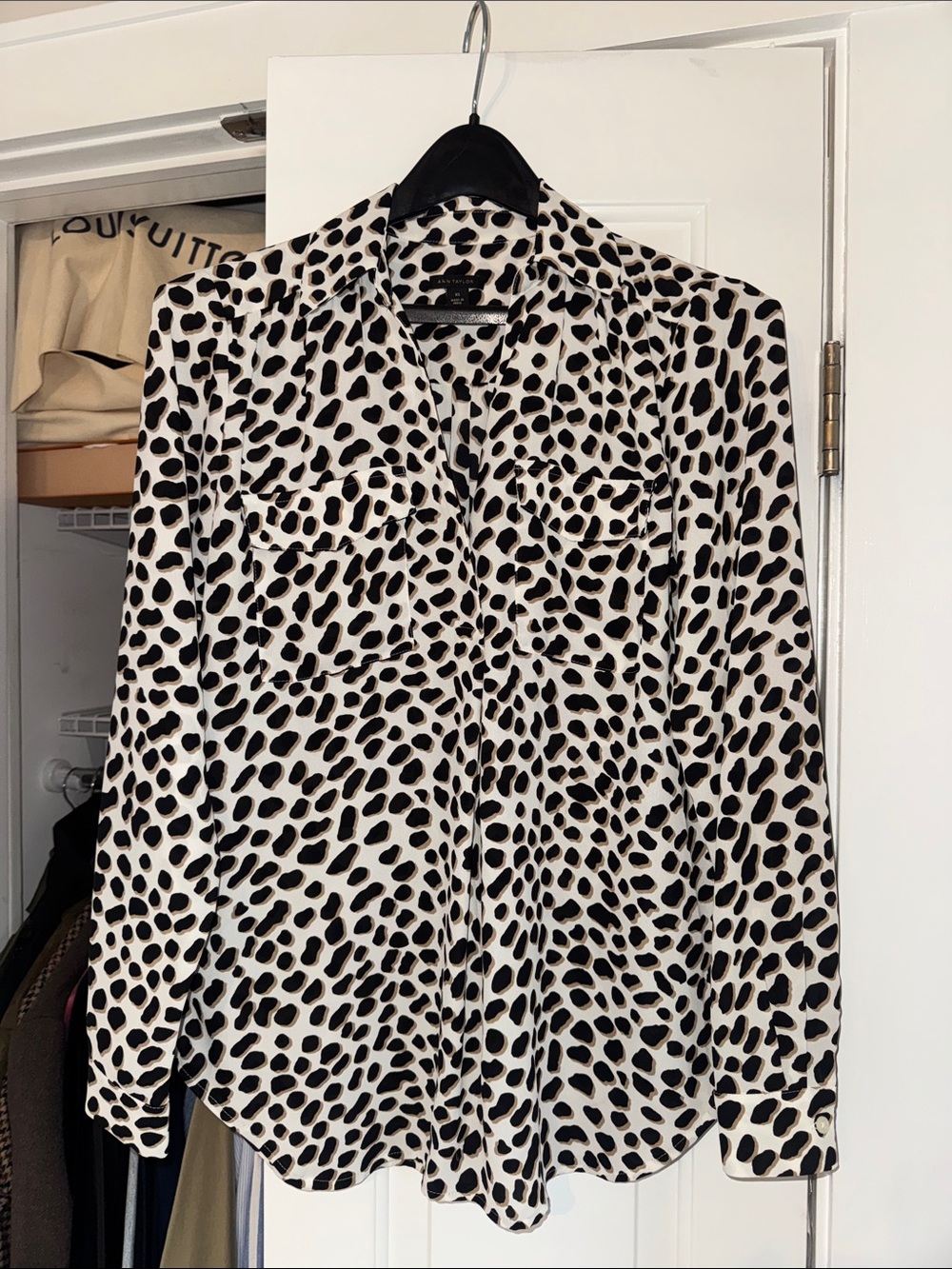 Ann Taylor Black and White Leopard Print Button-Down Shirt